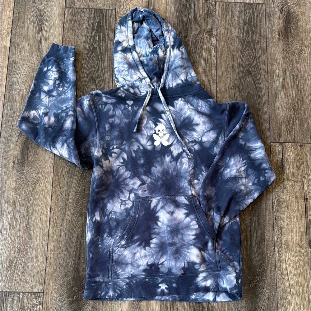 Blue and White Long Length Tie-Dye Pullover Hoodie